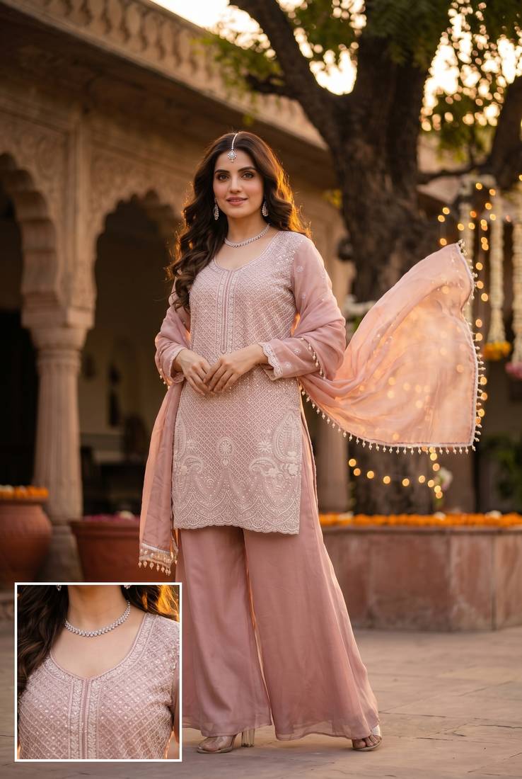 Premium chinon silk sharara suit with heavy beads work & chinon dupatta