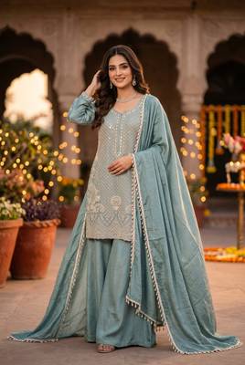  chinon silk sharara suit with heavy beads work & chinon dupatta 1