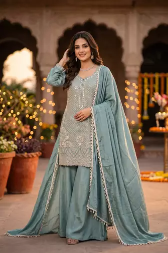 Premium chinon silk sharara suit with heavy beads work & chinon dupatta