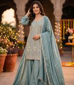 Premium chinon silk sharara suit with heavy beads work & chinon dupatta