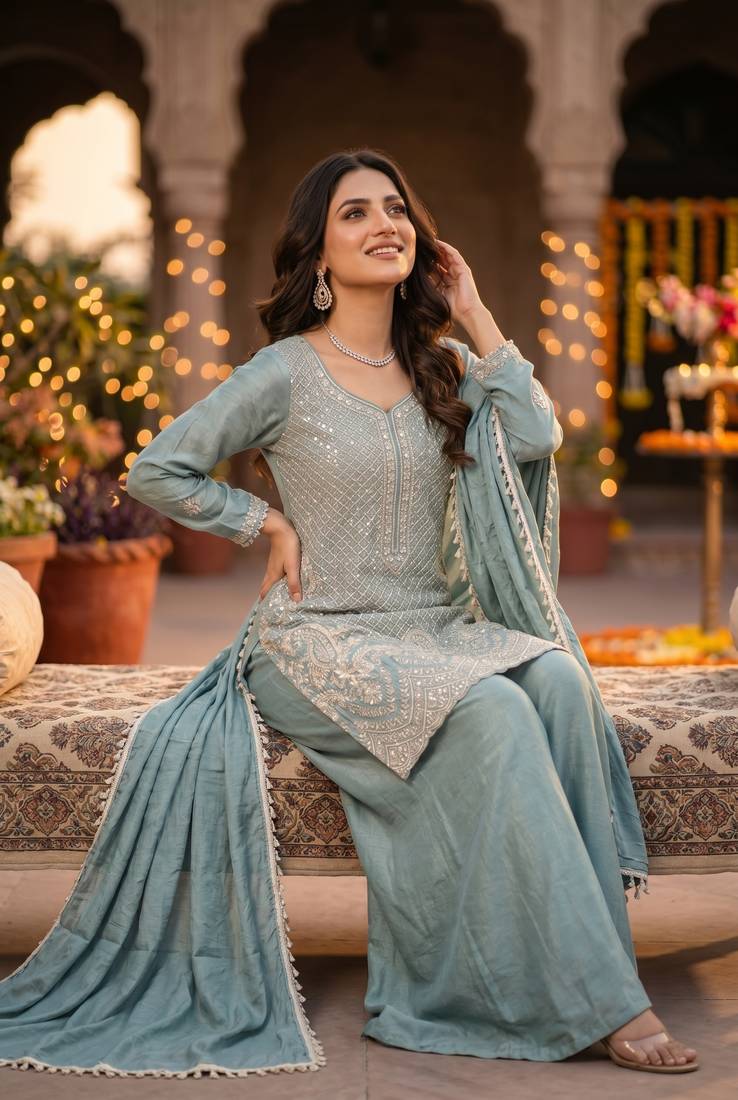 Premium chinon silk sharara suit with heavy beads work & chinon dupatta
