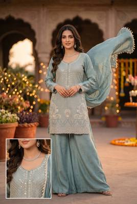  chinon silk sharara suit with heavy beads work & chinon dupatta 3