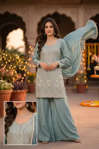 Premium chinon silk sharara suit with heavy beads work & chinon dupatta