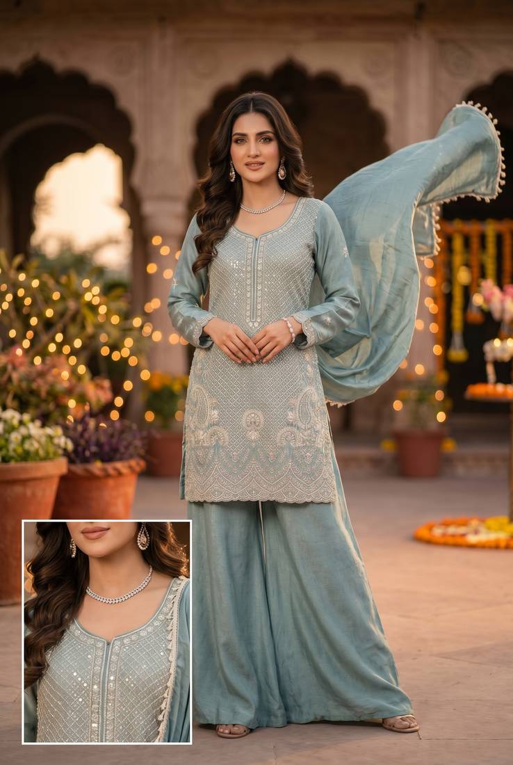 Premium chinon silk sharara suit with heavy beads work & chinon dupatta