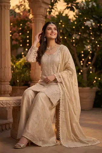 Premium chinon silk sharara suit with heavy beads work & chinon dupatta