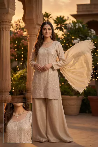 Premium chinon silk sharara suit with heavy beads work & chinon dupatta