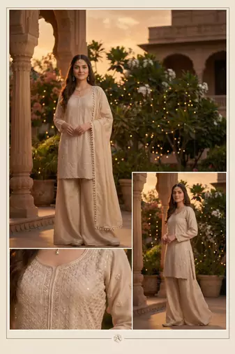 Premium chinon silk sharara suit with heavy beads work & chinon dupatta