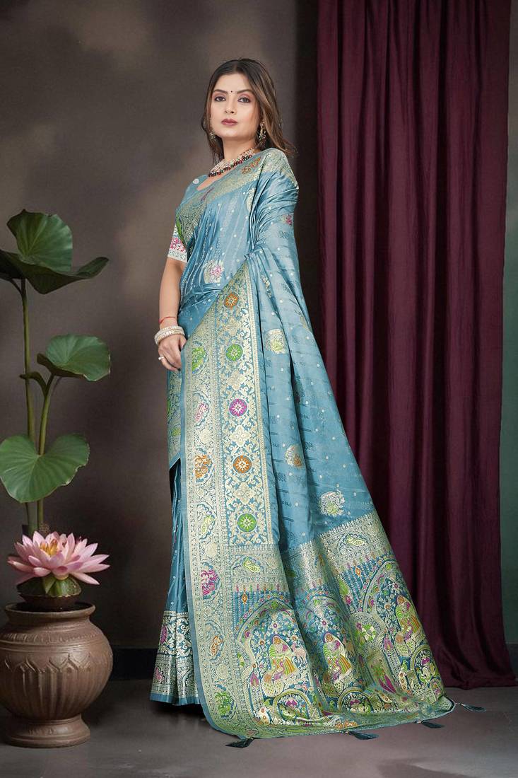 Teal Blue Banarasi Satin Saree with Heavy Zari & Thread Work | Traditional Wedding & Festive Wear