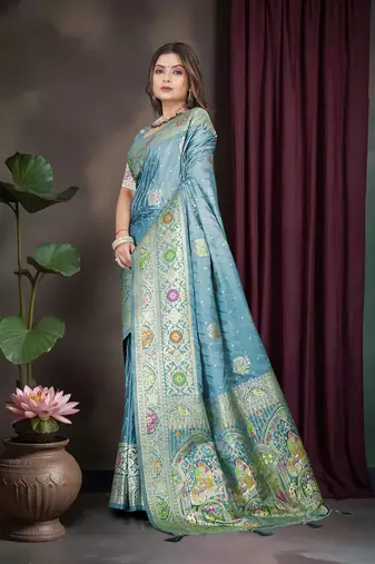 Teal Blue Banarasi Satin Saree with Heavy Zari & Thread Work | Traditional Wedding & Festive Wear