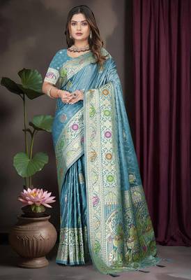 Teal Blue Banarasi Satin Saree with Heavy Zari & Thread Work 2