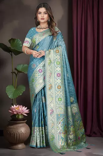 Teal Blue Banarasi Satin Saree with Heavy Zari & Thread Work