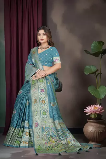 Teal Blue Banarasi Satin Saree with Heavy Zari & Thread Work