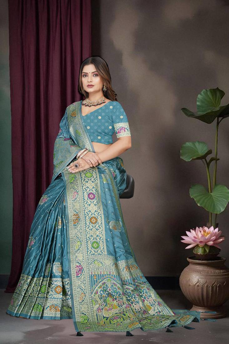 Teal Blue Banarasi Satin Saree with Heavy Zari & Thread Work | Traditional Wedding & Festive Wear