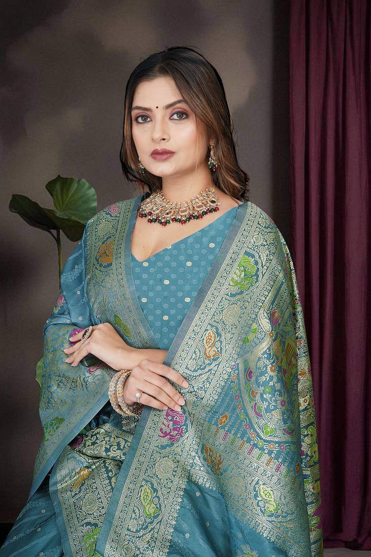 Teal Blue Banarasi Satin Saree with Heavy Zari & Thread Work | Traditional Wedding & Festive Wear