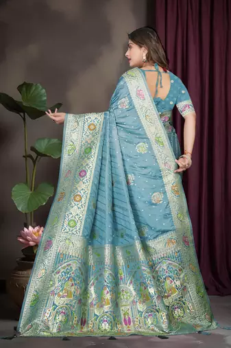 Teal Blue Banarasi Satin Saree with Heavy Zari & Thread Work