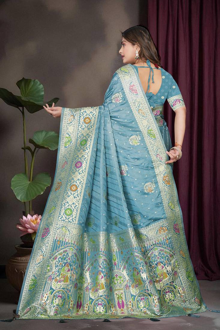 Teal Blue Banarasi Satin Saree with Heavy Zari & Thread Work | Traditional Wedding & Festive Wear