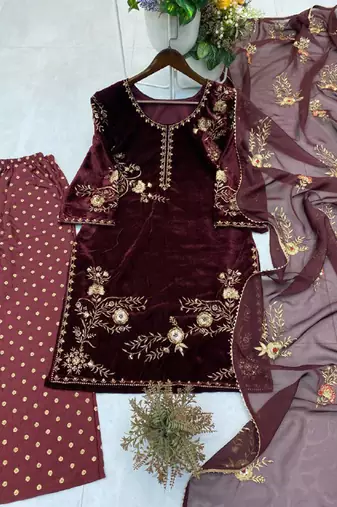 maroon velvet salwar suit dupatta