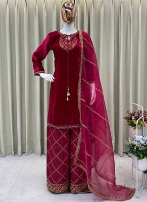pink velvet salwar suit dupatta 1