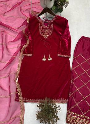 pink velvet salwar suit dupatta 2