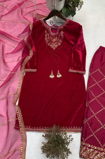 pink velvet salwar suit dupatta