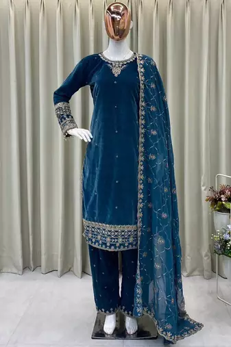 blue velvet salwar suit dupatta