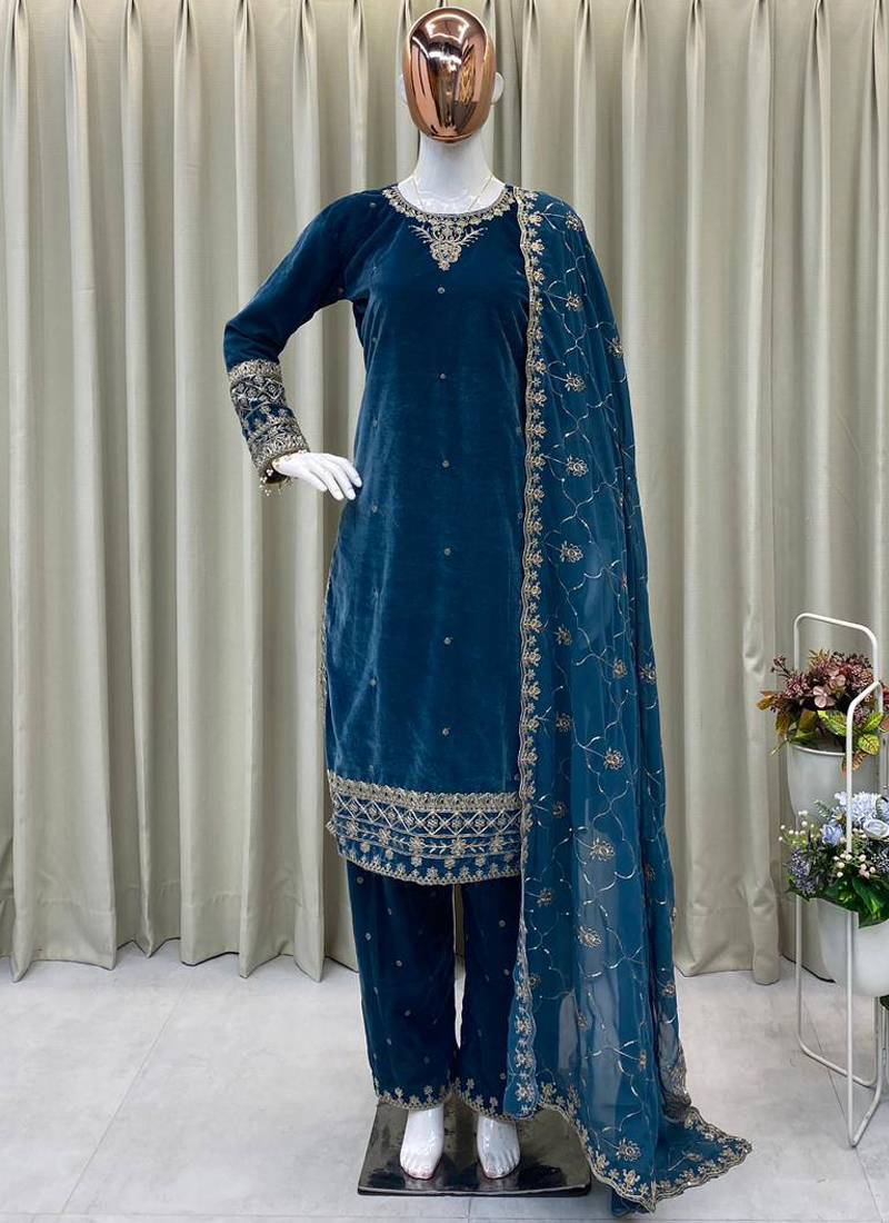blue velvet salwar suit dupatta