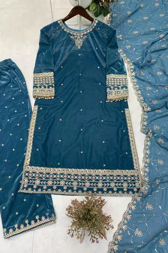 blue velvet salwar suit dupatta