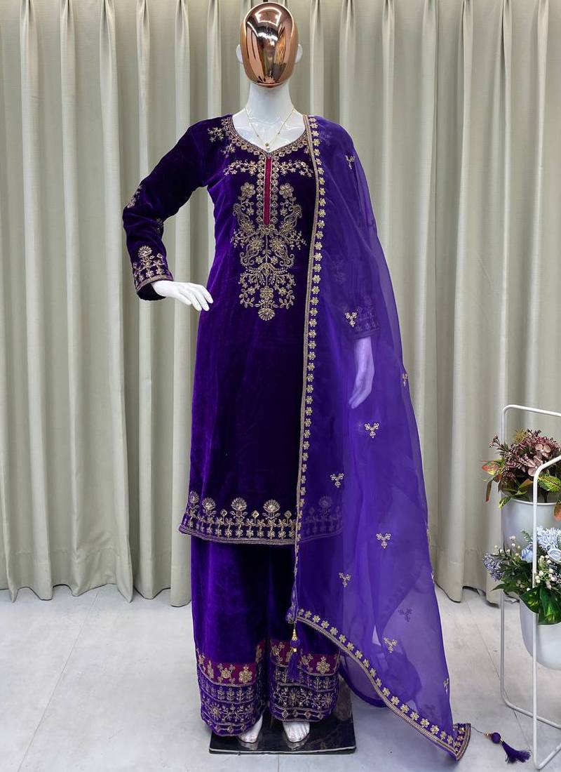 purple velvet salwar suit dupatta