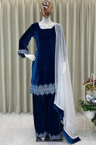 blue velvet salwar suit dupatta