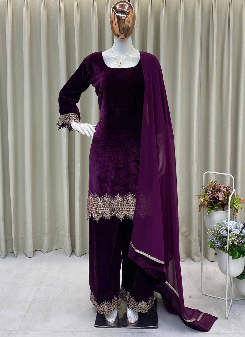 wine velvet salwar suit dupatta