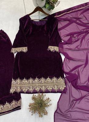 wine velvet salwar suit dupatta 2