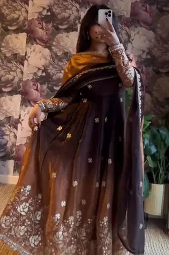 brown chinon silk blend anarkali salwar suit dupatta