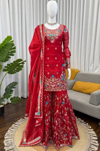 red silk blend salwar suit dupatta