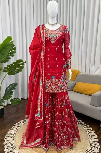 red silk blend salwar suit dupatta