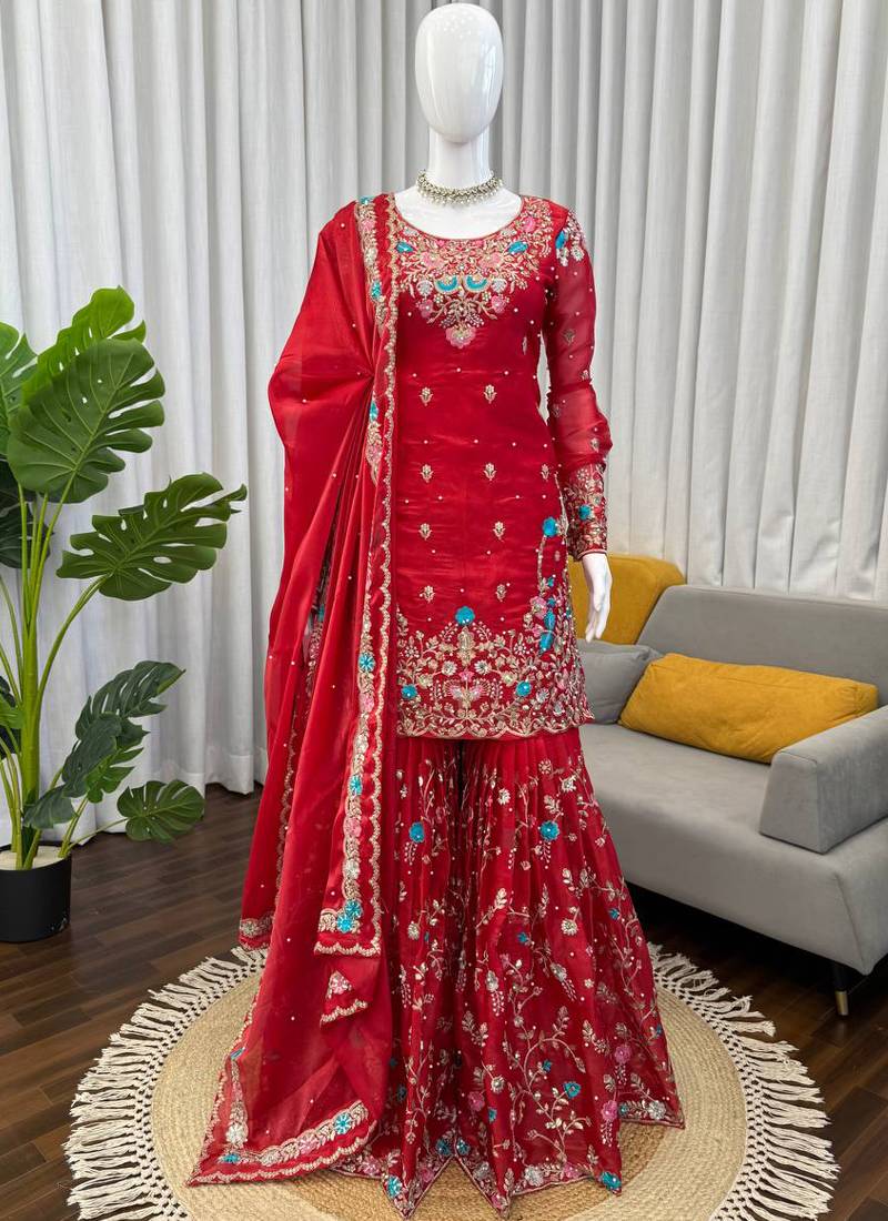red silk blend salwar suit dupatta