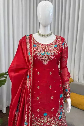 red silk blend salwar suit dupatta