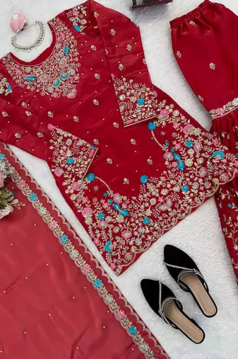 red silk blend salwar suit dupatta