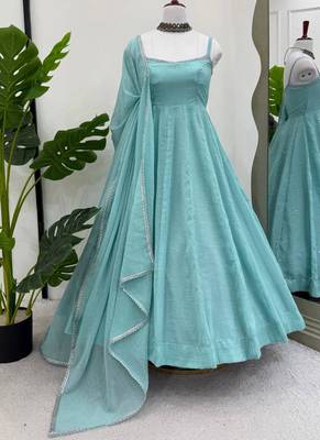 sky blue crunch silk blend anarkali salwar suit dupatta 2