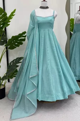 sky blue crunch silk blend anarkali salwar suit dupatta