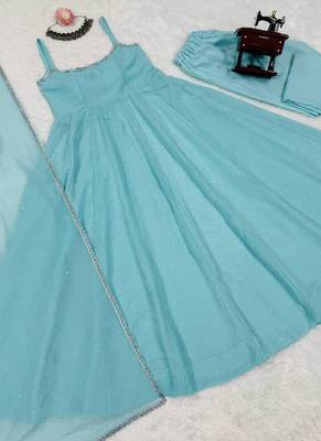sky blue crunch silk blend anarkali salwar suit dupatta 3