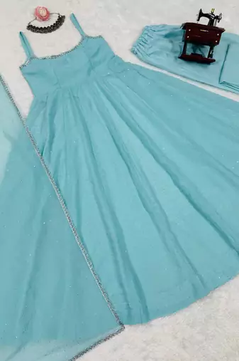 sky blue crunch silk blend anarkali salwar suit dupatta