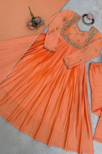 peach chinon anarkali salwar suit dupatta