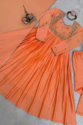 peach chinon anarkali salwar suit dupatta