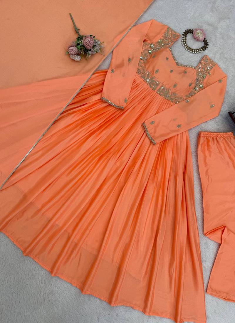 peach chinon anarkali salwar suit dupatta