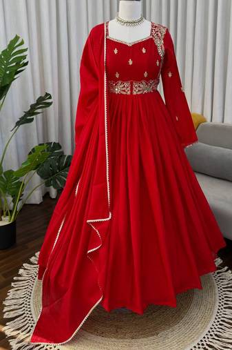 red chinon anarkali salwar suit dupatta