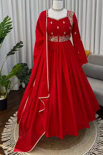 red chinon anarkali salwar suit dupatta