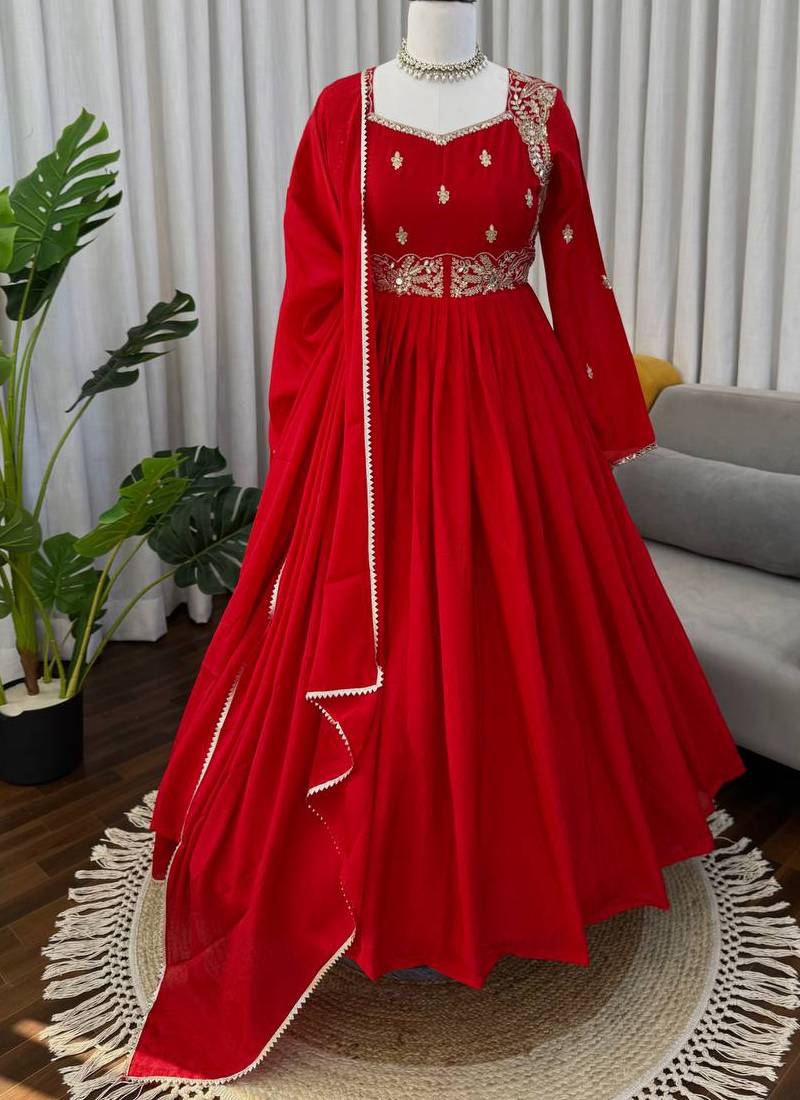 red chinon anarkali salwar suit dupatta