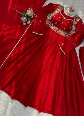 red chinon anarkali salwar suit dupatta 2