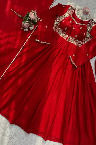 red chinon anarkali salwar suit dupatta