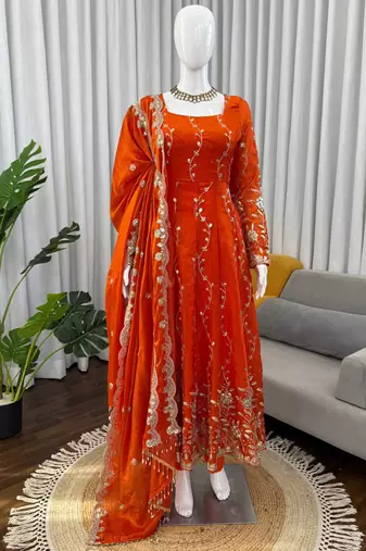 orange silk blend anarkali salwar suit dupatta
